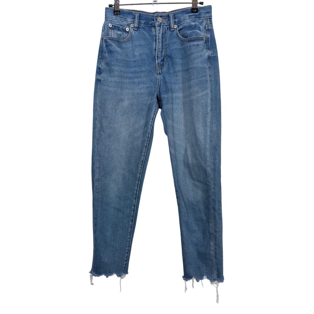 American Eagle Mom Jeans Womens 2 Blue High Rise Raw Hem Relaxed Tapered